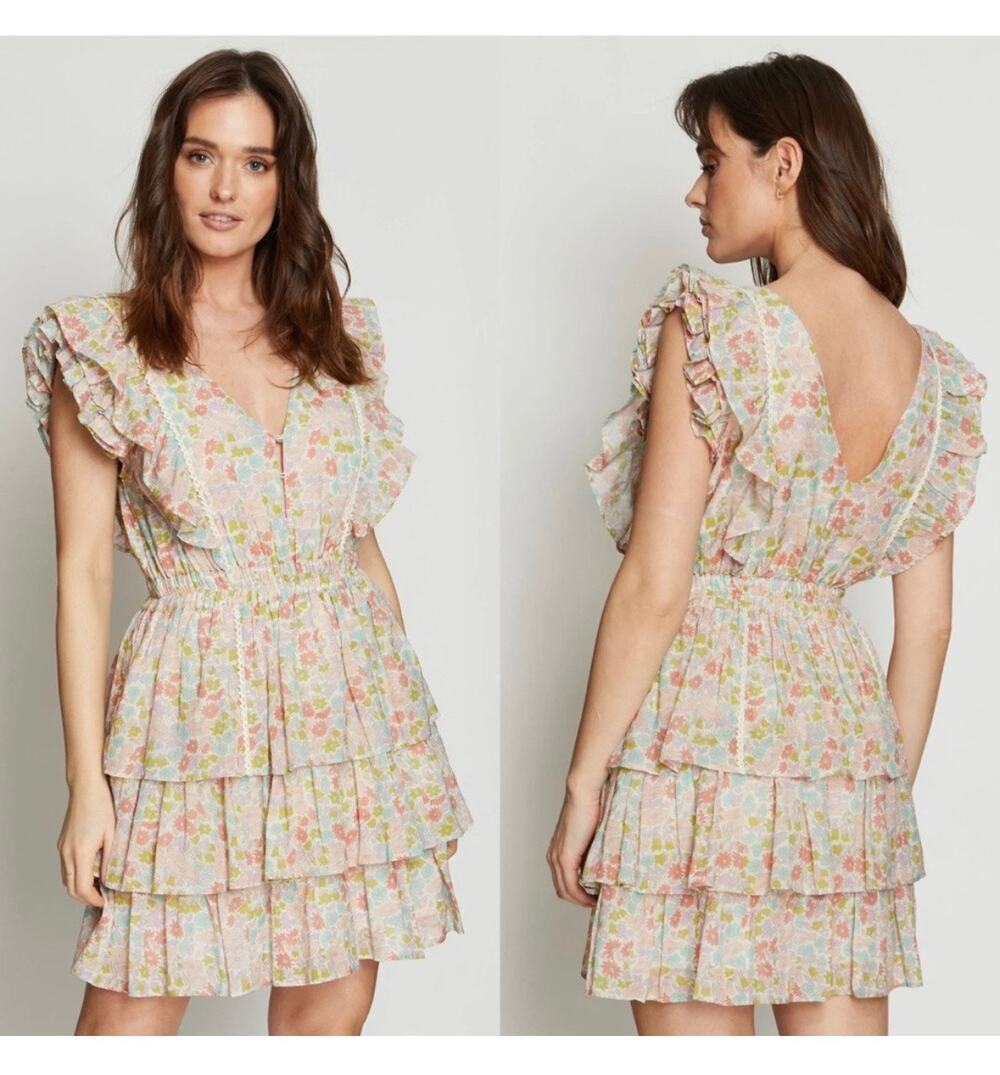 Love The Label Mini Dress Small Pink Green Ines Floral Printed Tiered Ruffle